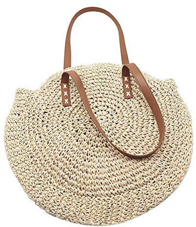 Volwco Sac à bandoulière rond en paille, sac de plage tissé - - Crémeux.,