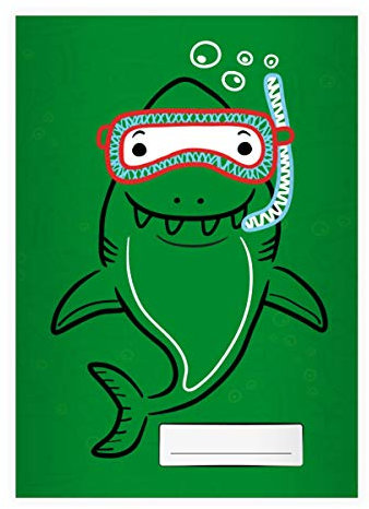 2 Lustige Tiefsee Taucher DIN A4 Schulhefte, Schreibhefte mit Comic Haifisch, grün Lineatur 20 (blanko Heft 16 Blatt/32 Seiten) Notizheft, Kladde für Schule, Universität, Büro