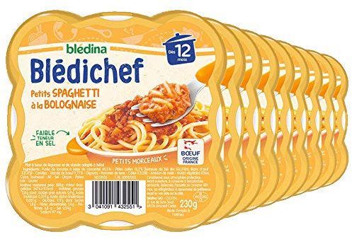 Blédina - Blédichef - Repas Bébé 12 Mois - 9 Plats Petits Spaghetti à la Bolognaise - Faible Teneur en Sel - Petits Morceaux - Dès 12 Mois - 9 Assiettes de 230g