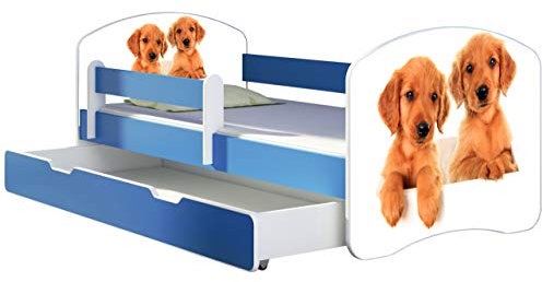 ACMA Kinderbett Jugendbett mit Einer Schublade und Matratze Blau mit Rausfallschutz Lattenrost II 140x70 160x80 180x80 (39 Welpen, 180x80 + Bettkasten)