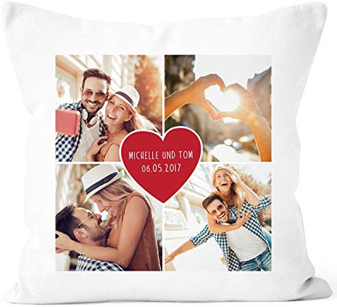 MoonWorks® Fotokissen Kissen-Bezug mit Herz und Fotocollage zum selbst gestalten 4 Fotos Namen und Datum anpassbar Collage Herz weiß Unisize