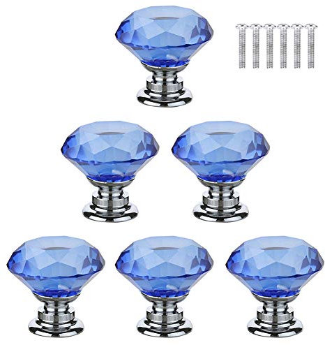 BOZONLI 6pcs 30mm Blue Crystals Glass Drawer Knobs Cupboard Knobs Door Knobs Cabinet Handle Drawer Pull Handle with Screw
