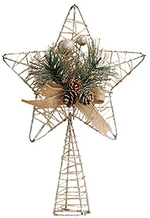 Mokyler Puntale per albero di Natale a stella a cinque punte con bacche e fiocco, ornamenti cavi tridimensionali in ferro dorato per decorazioni per feste