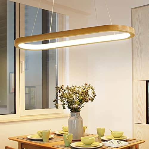 LED Pendelleuchte Holz Dimmbar Esstisch Hängelampe Höhenverstellbarer Esszimmerlampe Modern mit Fernbedienung Wohnzimmer Tisch Deko Decke Hängeleuchte Küchen Hängend Lampen (Warmes Licht, L90cm)