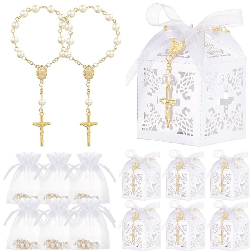 50 Packungen Taufgeschenk-Set Taufe Rosenkranz Acryl Rosenkranz Perlen Elfenbein Farbe Kunstperlen mit Organzabeutel und Kreuz Taufe Geschenkboxen mit Bändern für Taufe Hochzeiten Party Gastgeschenke