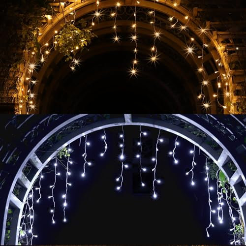YOSION Eisregen Lichterkette, 500 LED 15M Warmweiß und Weiß Eiszapfen Lichterkette mit Timer Stecker, Fernbedienung, Wasserdicht, Lichtervorhang für Außen Weihnachten Halloween Dachkante Balkon Dekor