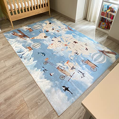 Nazar Kinderteppich für Kinderzimmer, Babyteppich, für Mädchen und Jungen, Motiv Dinosaurier, Weltkarte und Tiere (746 blau, 120x160 cm)