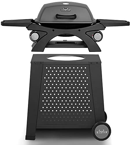 Gas BBQ Portable Outdoor Gas Barbecue Table Top Barbecues BIG HORN OUTDOORS 2 IN 1 Propane Grill with Cart Wheels Side Table for Camping
