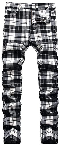 NOVOCCT Pantalon à carreaux pour homme – Pantalon habillé skinny pour homme – Coupe ajustée et extensible – Chino décontracté pour homme, Plaid gris et blanc, 28