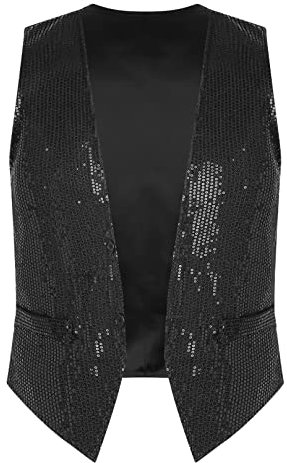 MSemis Herren Pailletten Weste Jacke Anzugweste Karneval Fasching Silvester Männer Weihnachten Party Mottoparty DJ Disco Clubwear Kostüm Schwarz L