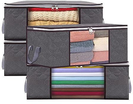 Yopih 35L Foldable Clothes Storage Bags, 4 Pack Underbed Storage Organizers with Lids, Sturdy Handle and Clear Window Wardrobe Storage Containers for Clothing, Bedding, T-shirts and Toys Grey