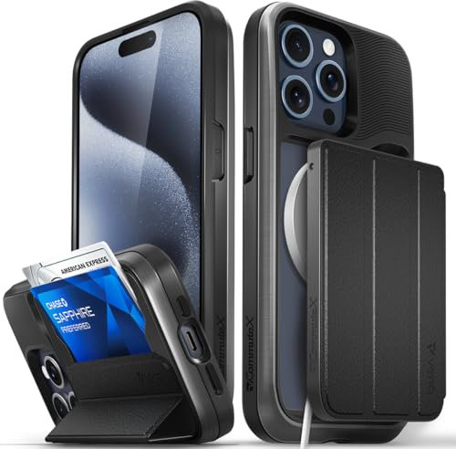 VENA vCommuteX Abnehmbare Brieftaschenhülle für Apple iPhone 15 Pro Max (6,7 Zoll), (Magsafe-kompatibel), Lederabdeckung, Kartenfachhalter mit Ständer – Space Grau