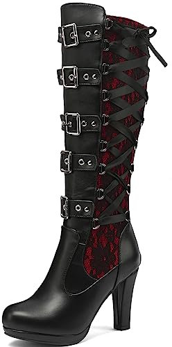 HavueGatue Stivali gotici in pizzo da donna Stivali al ginocchio punk con tacco alto e fibbia con tacco alto Red Size 35