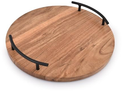 Indus Lifespace Serving Tray Round Wood Serving Tray with Iron Handles Display for Vintage Home Decor, Farmhouse Kitchen Counter Centerpieces (30.48cm x 30.48cm x 4.44cm)