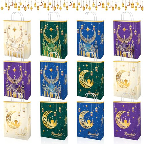 Lets Joy 12 Stück Ramadan Kareem Geschenktüten, Ramadan Geschenktüte Papiertüten, Ramadan Kareem Geschenktaschen, Papiertüten Eid Ramadan, Islamische Muslimische Party Dekoration