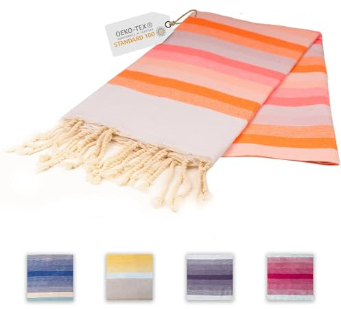 Sandrella | Hamamtuch | Recycelte Baumwolle | Sauna-, Strand-, Dusch-, Bade- & Yogatuch | 90x170cm | Gestreift – Orange/Rosa/Pink/Weiß