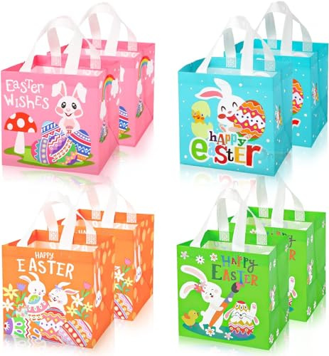 DERAYEE 8pc Ostereiersuche Taschen mit Griffen, Häschen Karotten Küken Ei Taschen, Oster Leckerei Taschen, multifunktionale Non-Woven Ostertaschen zum Verpacken von Geschenken, Eiersuche, Partyzubehör