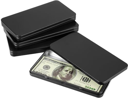 Hipiwe Metal Rectangular Cash Box with Lid - 4 Packs Currency Tray Money Holder Black Metal Empty Box Container Small Dollar Bill Storage Tin Box for Cash Coin Jewelry Stamps Organizer