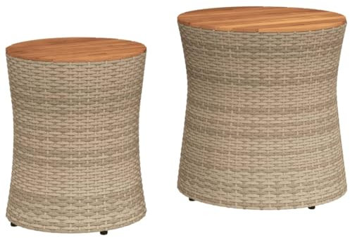vidaXL Garten Beistelltisch 2 STK., Tisch mit Holzplatte, Gartentisch mit Stahlgestell, Terrassentisch Gartenmöbel Gartengarnitur, Beige Poly Rattan