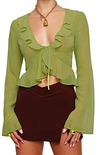 FeMereina Women's Deep V Neck Long Sleeve Crop Top Chiffon Ruffle Hem Blouse Shirt Sheer Mesh Front Tie Up Tops Y2K Streetwear (Green, S)