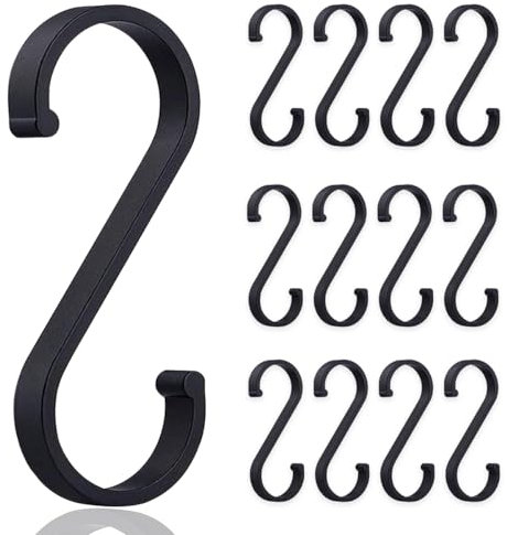 UBRAVE S Hooks Hanging Hooks, 12 Pcs Aluminum S Shaped Hanging Hooks for Kitchen, Bathroom, Outdoor, Garden,Office, Hooks for Hanging Pan Pot Kitchenware Cups Utensils Clothes Bags Towels Plants,Black