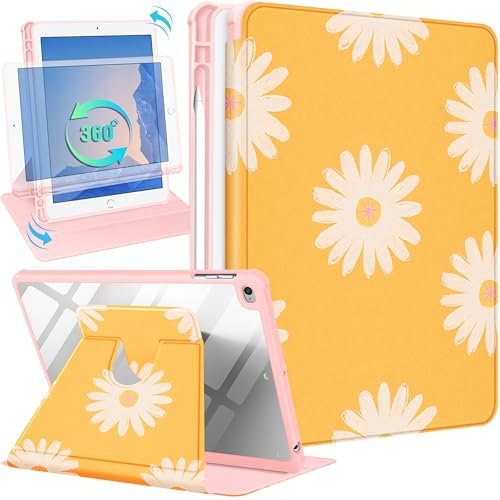 SurgeCraft for iPad 5th/6th Generation Case, for iPad Air 1st/2nd Gen, for iPad Pro 9.7 Inch Case, Rotating Stand with Pencil Holder for Women Cute Girls Folio Cover Flower Yellow Flora for iPad 9.7