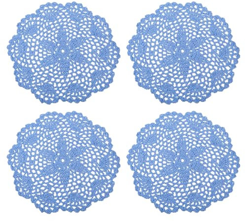 QUARKZMAN Häkeln Deckchen 4Stk 8 - Handgefertigt Häkeln Baumwolle Untersetzer Rund Spitze Tischsets mit Blumen Mustern für Hochzeit Party Dekoration (Blau)