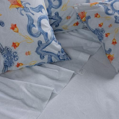 Parure Letto Lenzuola + Fodera Cuscino Arredo, 100% percalle di Cotone, Estivo, La Casa al Mare di Paola Marella, lenzuolo sopra + Federe + Cuscino Arredo (Capri, Matrimoniale)
