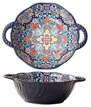 Keramik Suppentasse 1100ml, Schale Bunt Keramik Mit Griffen, Müslischalen Bohemian Stil Salatschüsseln, Bunte Französische Zwiebelsuppen-Schalen Ofenfest, Unregelmäßige Form, Reis, Topfkuchen (Blau A)