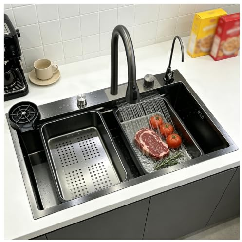 Évier Cascade Multifonctionnel 13 Pièces Ensemble D'évier De Cuisine En Acier Inoxydable Avec Robinet Extractible À Affichage Numérique Poste De Travail À Cuve Unique Lave-tasse Et Boutons De Commande