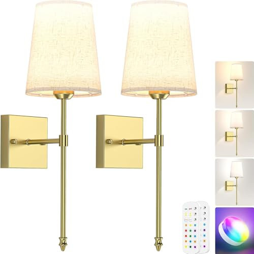 LABOREDUCER LED Wandleuchte Innen Kabellos Akku Wandleuchten 2 Stück mit Fernbedienung,Aufladbare 5000mAh Batterie mit Dimmbar RGB und 3 Farbtemperaturen,Vintage Retro Gold Wandlampe