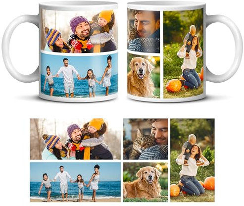 Personalised Custom Photo Mug - Add Your Own Image, Text, Logo - Customisable 11oz Coffee Cup, Gift for Birthdays, Holidays, Weddings - Durable Ceramic Valentines Gifts for Him & Her |5 Photo Collage