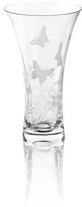 DIAMANTE 'Butterfly' Vase - Hand Etched Butterfly Wild Flowers Floral Botanical Pattern Hollow Sided Trumpet Vase - 21cm