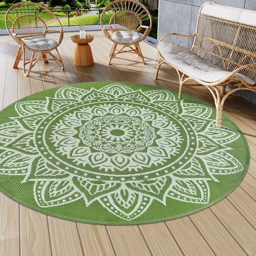 Famibay Outdoor Teppich Wetterfest Rund 240cm Groß Outdoorteppich Kunststoff UV-Beständig Faltbar Leichtgewicht Grün Teppich Outdoor für Terrasse Balkon Camping