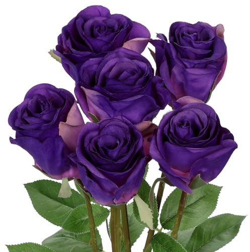 Oairse Purple Artificial Roses 6PCS 18.9 Silk Rose Flowers with Long Stems Realistic Faux Rose Bouquet for DIY Wedding Arrangements Table Vase Centerpieces Home Event Decor