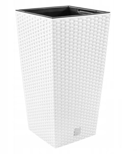 DIKEL Maceta de 26 x 26 x 50 cm, con aspecto de ratán y uso resistente a la intemperie, macetas para un diseño elegante interior y exterior, macetas para menos tierra y fácil cuidado, color blanco