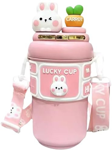 Cndiyald Bouteille d'eau, Bouteille d'isolation en Acier Inoxydable de 19 oz avec Paille et Sangle réglable, Bouteilles d'eau à l'épreuve de Fuite de Lapin, Bouteille d'eau Kawaii