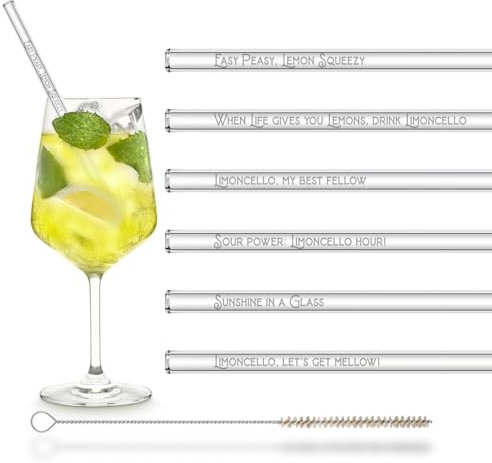 HALM Glasstrohhalme Limoncello-Edition – 6 x 20cm mit spritzigen Limoncello-Sprüchen, wiederverwendbar & spülmaschinenfest Strohhalme aus Glas Geschenkset Geschenk