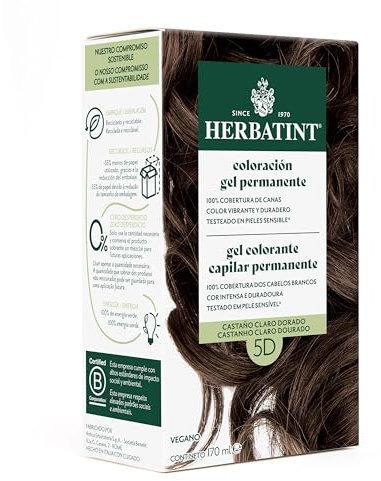 Herbatint Gel de Coloración Permanente para Cabello 5D Castaño Claro Dorado - 170 ml | Sin Amoníaco, Cobertura Óptima de Canas | Fórmula Vegana, con 8 Extractos Vegetales Orgánicos