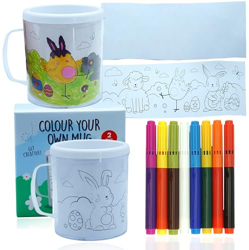 HOVUK 14PCs Colour Your Own Easter Mugs Kit with Magic Colour Pens - 300ml DIY Paintable Mugs with Paper Inserts, Transparent Cups Gift for Easter, Art & Craft for Boys and Girls