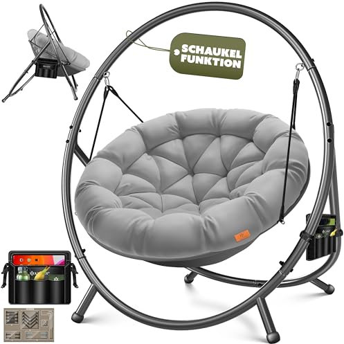 KESSER® Hängesessel mit Gestell Bali Hängeschaukel Hängestuhl bis 150kg für Indoor und Outdoor + Kissen & Seitentasche Hängekorb Stahlgestell & Schaumstoff Sitzpolster ideal für Wohnzimmer & Garten