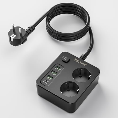 ONLYWIN Mehrfachsteckdose mit USB-C(30W), Schnellladung Steckdosenleiste 6-in-1, 2m Kabel Steckdosenwürfel, 3840W Mehrfachstecker mit Reset-Sicherung, Kompakt Tragbar für Zuhause, Büro, Reise(Schwarz)