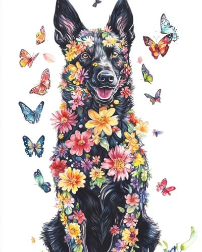 WANMIU DIY Paint by Numbers Flame Colorful Flowers Butterflies and Dog with Paint Brushes and Acrylic Painting Kit 16x20 Inch for Kids and Adults Beginner Gifts