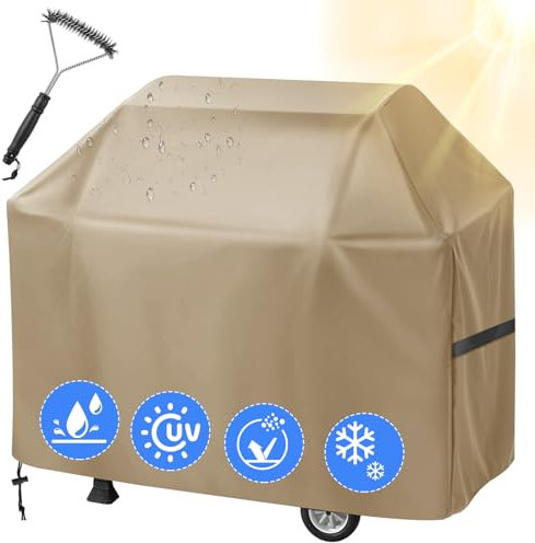 wiipara Grillabdeckung Wetterfest mit Grillbürste, Gasgrill Abdeckung Grill Abdeckhaube, Wasserdicht, Winddicht, UV-Schutz, Grillhaube aus 100% Polyester mit PU-Beschichtung, 147 x 61 x 122 cm, Khaki