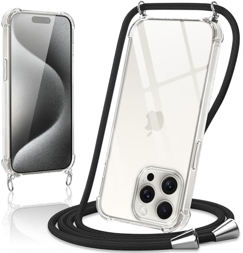 Coiwxmoi Coque avec Cordon pour iPhone 15 Pro, Collier Réglable Téléphone Étui Portable Lanyard Case Transparent Ultra Souple Silicone Housse Antichoc Protection Cover pour iPhone 15 Pro 6,1, Noir