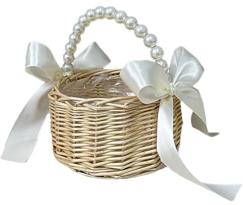 Cesto di vimini rattan - impugnatura rustica, del display vintage | Scatola in cassa di perle fatte a mano, vassoio decorativo floreale, cesto chic per la raccolta del ricevimento di decor