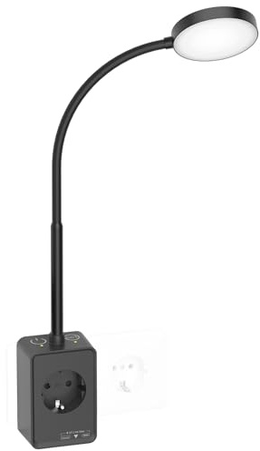PRINCEWAY LED Steckdosenlampe Leselampe Schwanenhals Dimmbar, Schlafzimmer Wand Lampe Schwarz mit Stecker und Steckdose, Zwei Berührungsschalter, 3er Lichtfarben Modi, USB Ausgangs Ladefunktion