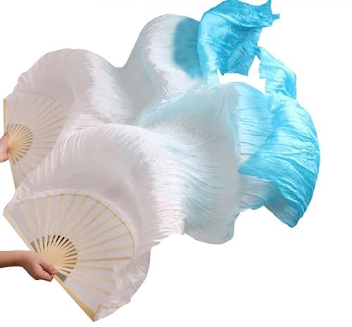 Faux Silk Bamboo Long Fans, 1 Pair Handmade Dyed Silk Dance Fans Imitation Silk Dance Fan Veil Chinese Silk Fan