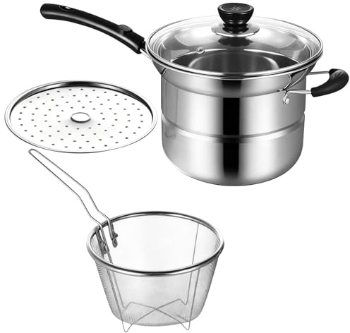 Stainless Steel Multifunction Pot with Lid, Deep Fat Fryer Set, Chip Pan Fryer with Basket, 8.5 x 7.1 x 5.5 in Steamer Set, Silver