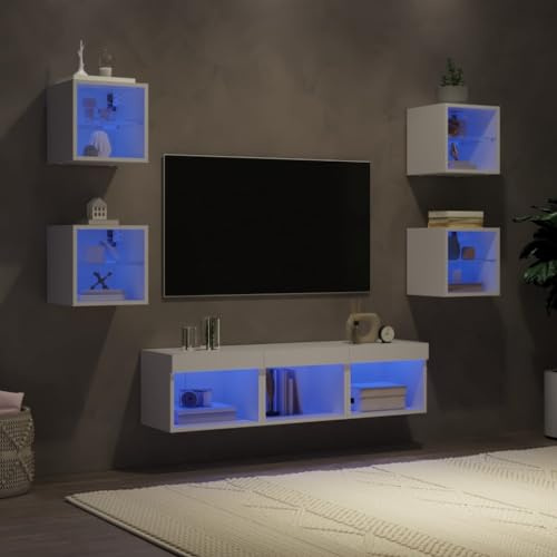 Holamys 7-TLG. Wohnwand mit RGB-LED-Beleuchtung, Weiß, Holzwerkstoff, 30-40 cm Breite, modernes Entertainment Center für Wohnzimmer, Schlafzimmer
